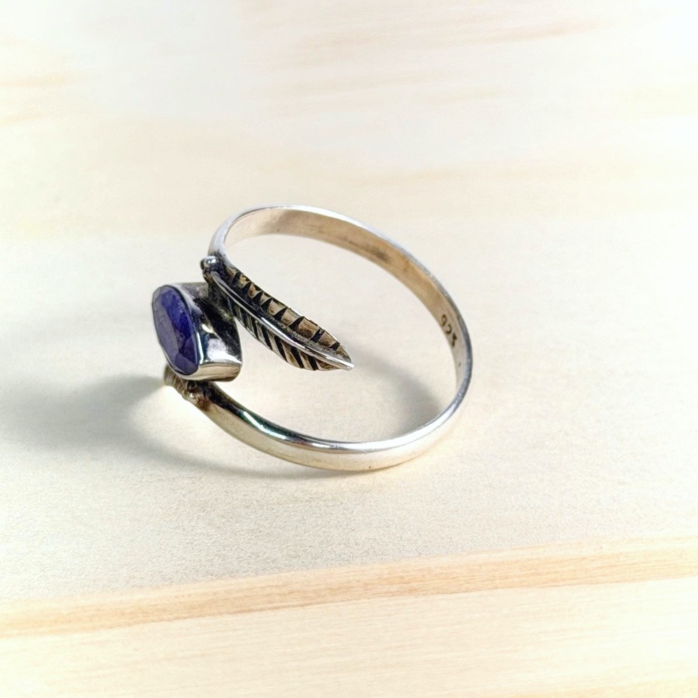 Boho Vintage Blueish Purple Lapis Lazuli 925 Silver Feather Bypass Ring Size 9 - Picture 5 of 7